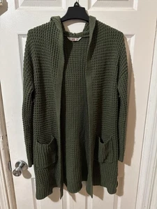 No Boundaries Sweater Womens Large Hooded Open Front Cardigan Pockets Lace Up - Picture 1 of 9