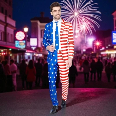 3 Piece United States America Flag Red White Blue Suit Costume Mens L 42-44 - Image 1 of 4