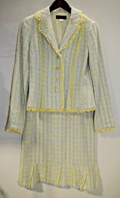 T Rickie Freeman Teri Jon Skirt Suit Womens 6 Linen Blend Tweed Fringe Trim - Image 1 of 4