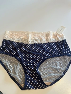 NWT! Soma Embraceable Super Soft Ivory Lace Brief Panties Mod Dot Navy ~Medium - Image 1 of 2