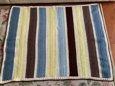 Manta De Colección Afgana Bobble Crochet Azul Marrón Natural y Amarilla Hecha a Mano Foto 1 de 4