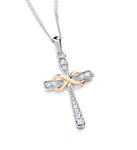 925 Sterling Silver & Yellow Gold Cz Infinity Cross Pendant Necklace + 16 18 20" - Picture 1 of 12