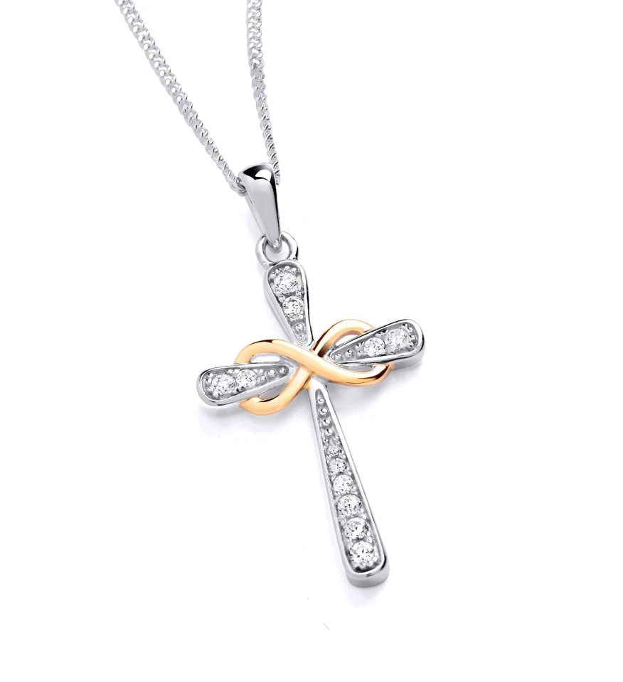 925 Sterling Silver & Yellow Gold Cz Infinity Cross Pendant Necklace + 16 18 20" Foto 1 de 1