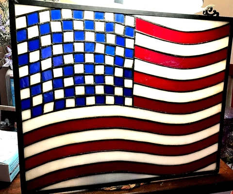 STAINED GLASS AMERICAN FLAG 17 x 14 Hanging Hooks 13 Stripes EUC FREE SHIP Cover