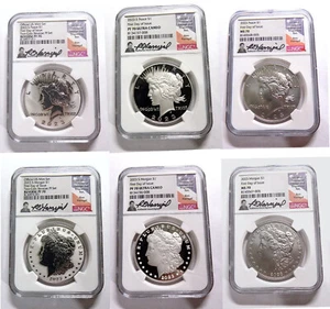 2023 Morgan and Peace Silver Dollar6pc Set FDI NGC MS70 PF70 Ron Harrigal Signed - Picture 1 of 2