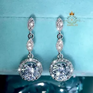 14K White Gold Moissanite Drop/Dangle Earrings 2.50 CT Excellent Round Cut VVS1 - Picture 1 of 9