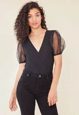 Womens Black Jersey Organza Puff Sleeve Wrap Front Bodysuit Size 12 - Image 1 of 4
