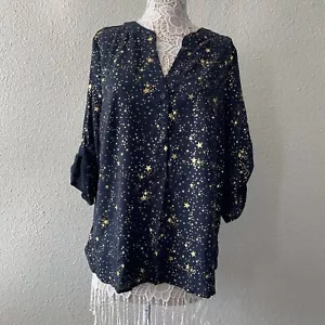 Bloomchic Size 14-16 Blue Metallic Gold Starry Stars Whimsy Split Neck Blouse - Picture 1 of 12