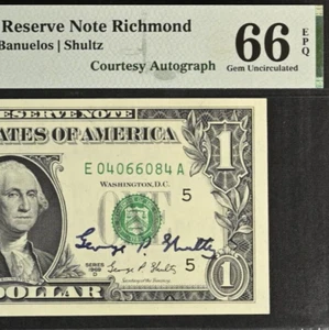 1969D 1 $ Federal Reserve Note PMG 66EPQ - Courtesy Autograph George Shultz - Bild 1 von 3