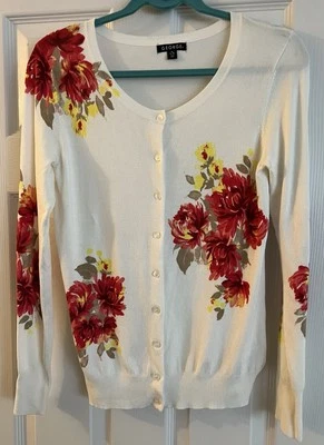 George Womens Long Sleeve Button Up White Cardigan~ Sz 8-10~Floral - Image 1 of 4