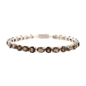 Oval-Round Natural Smoky Quartz Sterling Silver Women Tennis Bracelet 7" inches - Picture 1 of 6