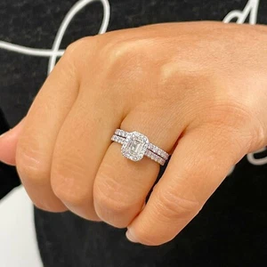 14k white gold emerald moissanite and diamond engagement ring and band halo 1.80 - Picture 1 of 12