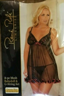 Rene Rofe 2 Piece Mesh Babydoll & G-String SET QUEEN SIZE 1X-3X Lingerie NEW - Image 1 of 2