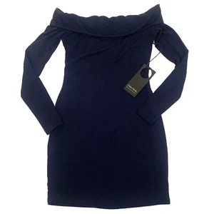 Navy Blue Ribbed Dress Off Shoulder Women's Sz XS Long Sleeves PRIVACY PLEASE - Picture 1 of 5