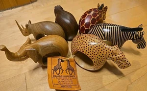Hand Carved Kenya Wood Napkin Holders Set Rings African Safari Animals Set of 6 - Picture 1 of 9