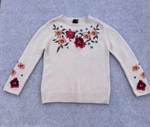 Cliché Women's Knit Jumper Size L Beige Floral Embroidered Sweater Wool Blend - Picture 1 of 11