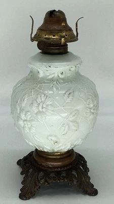 Victorian Era Milk Glass Spider Web Flowers Oil Lamp FG Co Cast Iron Base Ornate - Image 1 of 4