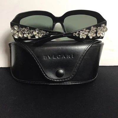 BVLGARI Camellia Flower Logo Black Sunglasses Swarovski Crystals - Image 1 of 4