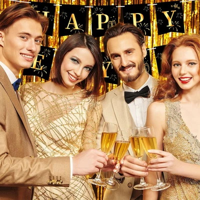 3 Pcs Tablecloth Disposable Plastic Cover Happy New Year Banner Gold Black 2025 - Image 1 of 4