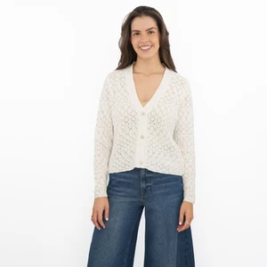 Womens M&S Per Una Ivory Cardigan Pointelle Button Up Cotton Rich Boho - Picture 1 of 10