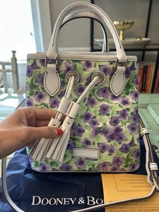 Dooney & Bourke Petunia Purple White Bucket Bag Leather Tassels Drawstring - Picture 1 of 21