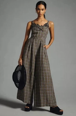 Anthropologie 6 Tall Jumpsuit Embroidered Plaid Wide Leg Linen Blend Pockets NWT - Image 1 of 4