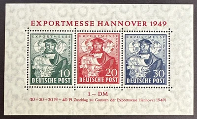 Germany 1949 Sc# 664a Souvenir Sheet of 3 MH OG Hanover Export Fair - Image 1 of 2