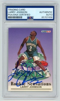 LARRY JOHNSON Signed 1992 Fleer ROOKIE SENSATION Basketball Card PSA Auto 7458 - Image 1 of 2