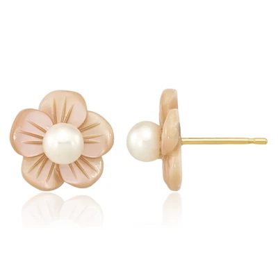 14K Solid Yellow Gold 3mm White Round Freshwater Cultured Pearl Pink Mother o... - Image 1 of 4