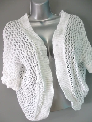 Crocheted Bolero Shrug Sweater Womens M White Fishnet Crop Cardigan Layering Top - Image 1 of 4