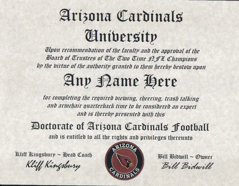 ARIZONA CARDINALS  NFL FAN  ~ CERTIFICATE ~ DIPLOMA ~ FREE SHIPPING MAN CAVE ~ Cover