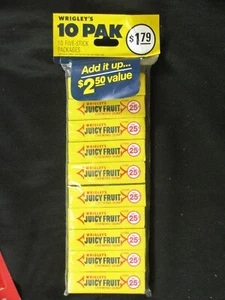 RARE Vintage Sealed Wrigleys Juicy Fruit Chewing Gum 5 Sticks Pack of 10 NOS - Picture 1 of 4