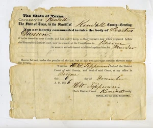 TEXAS RECONSTRUCTION ERA –SHERIFF A.H. BARTER - SUMMONS FOR MURDER SUSPECT - Picture 1 of 2
