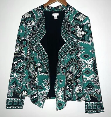 Chaqueta Blazer Chico’s Floral Estampado Paisley Frente Abierto Verde Sedoso Suave Talla L Foto 1 de 4