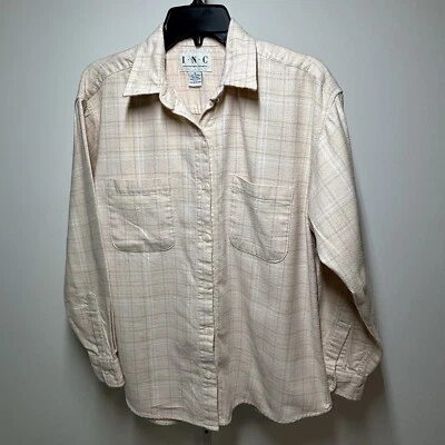 Camisa de franela suave INC novio abotonada manga larga rosa claro a cuadros talla M Foto 1 de 4