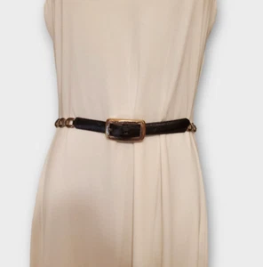 Vintage 90s BRIGHTON Black Leather Silvertone Etched Chainlink Belt Sz S #43903 - Picture 1 of 8