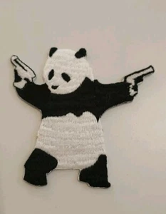 Panda With Guns Iron On Patch 3" Embroidered Applique Pistols Black White Banksy - Picture 1 of 1