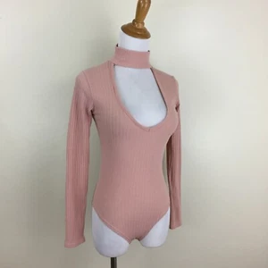BOOHOO Womens sz 2 Dark Beige/Mauve Ribbed Keyhole Cut Out One Piece Bodysuit - Picture 1 of 8