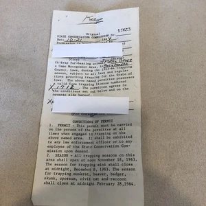 Rare 1964 Trapping Permit License For Sunken Grove Pocahontas County Iowa - Picture 1 of 6