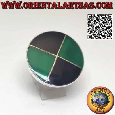Anello in argento 925 ‰ scudo tondo diviso in 4 fette di agata verde e onice alt - Immagine 1 di 4