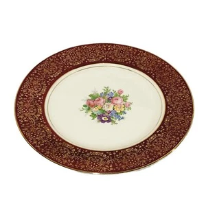 Homer Laughlin China Dinner Plate Filigree Gold Trim 11” Floral Burgundy Red 6Pc - Picture 1 of 19