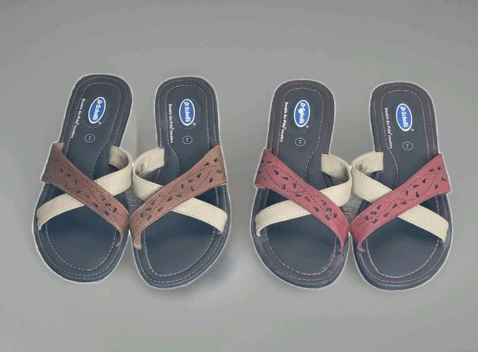Sandalias Dr. SCHOLL"S Para Mujer Talla 7 Cuero Marrón Puntera Abierta Chanclas, Planas Usadas en Excelente Condición Foto 1 de 4