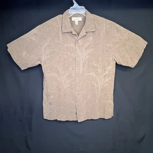 Camicia hawaiana Tommy Bahama 100% seta LRG marrone foglia di palma jacquard campeggio casual - Foto 1 di 13