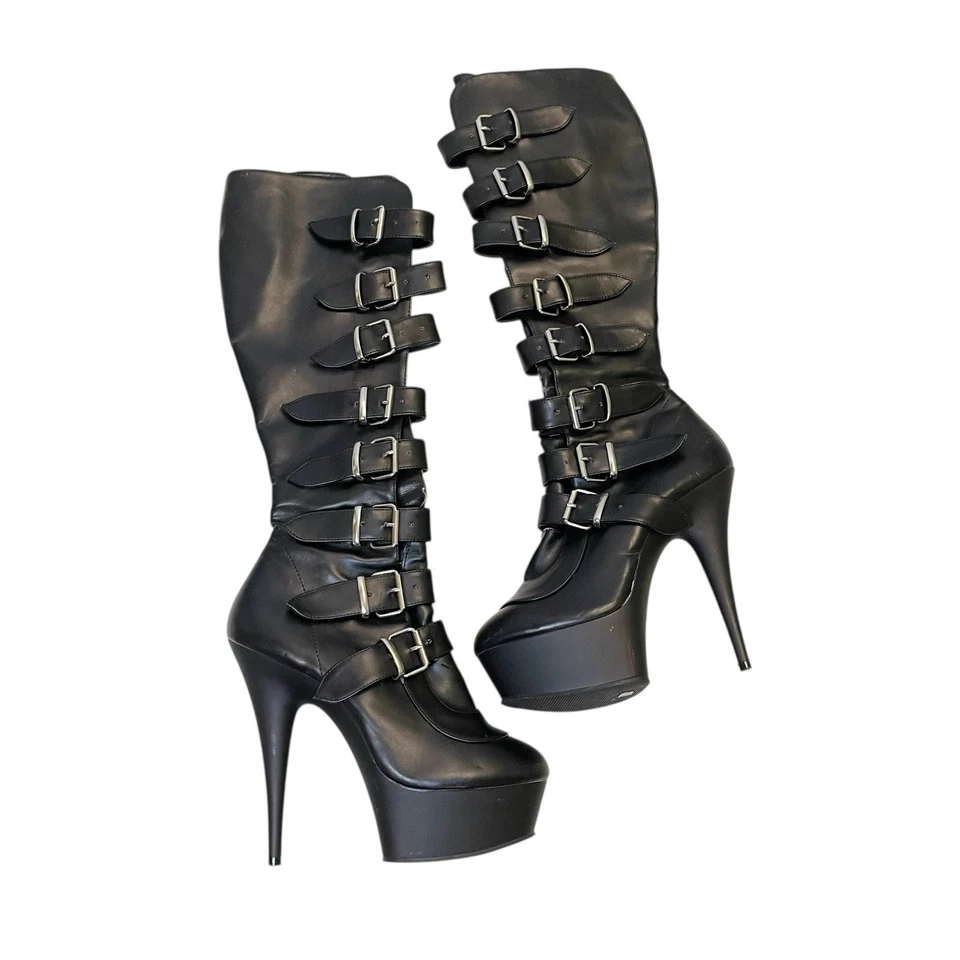 Pleaser Adore-2043 Punk Rock Buckle Heel Knee High Boots Dominatrix Size 9 - Image 1 of 4