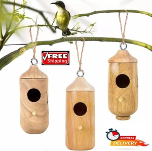 3Pc Hummingbird House for outside Hanging Wooden Bird House, Nest + Hemp Ropes - Picture 1 of 8