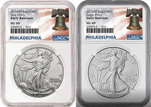 2 coin set 2024 and 2025 p silver eagle with privy ngc ms69 er philly - Picture 1 of 4