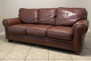HANCOCK & MOORE LEATHER DOWN FILL SOFA USA Luxury Furniture w/ Brass Nailhead - Picture 1 of 20