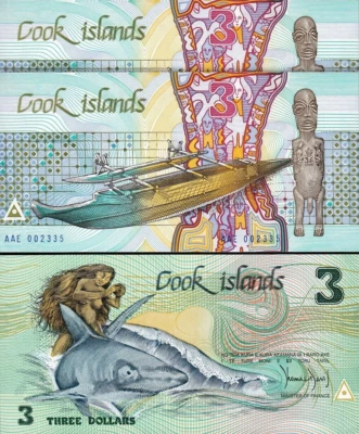 Cook Islands 3 Dollars 1987, UNC, 2 Pcs PAIR, Consecutive, P-3, Low 00**** - Image 1 of 4