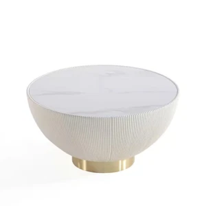 New 28" Modern Cream Round Faux Marble Leatherette Coffee Table Upholstered - Picture 1 of 12