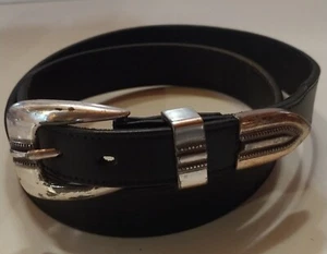 Bill Blass Black Leather Belt 1 1/4" wide Size 36 Metal Decoration On End - Picture 1 of 10